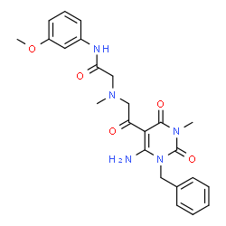 ChemSpider 2D Image | 2-{[2-(6-Amino-1-benzyl-3-methyl-2,4-dioxo-1,2,3,4-tetrahydro-5-pyrimidinyl)-2-oxoethyl](methyl)amino}-N-(3-methoxyphenyl)acetamide | C24H27N5O5