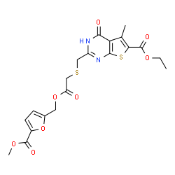 ChemSpider 2D Image | 2-[[[2-[(5-methoxycarbonyl-2-furanyl)methoxy]-2-oxoethyl]thio]methyl]-5-methyl-4-oxo-3H-thieno[2,3-d]pyrimidine-6-carboxylic acid ethyl ester | C20H20N2O8S2
