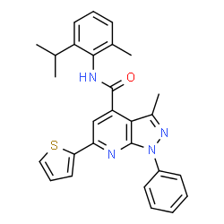 ChemSpider 2D Image | N-(2-Isopropyl-6-methylphenyl)-3-methyl-1-phenyl-6-(2-thienyl)-1H-pyrazolo[3,4-b]pyridine-4-carboxamide | C28H26N4OS