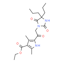 ChemSpider 2D Image | Ethyl 5-[(2,5-dioxo-4,4-dipropyl-1-imidazolidinyl)acetyl]-2,4-dimethyl-1H-pyrrole-3-carboxylate | C20H29N3O5