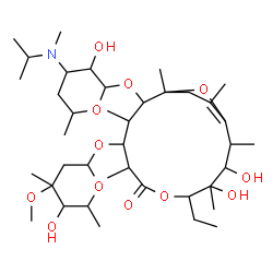 ChemSpider 2D Image | 5-ethyl-3,4-dihydroxy-11-[3-hydroxy-4-(isopropyl-methyl-amino)-6-methyl-tetrahydropyran-2-yl]oxy-9-(5-hydroxy-4-methoxy-4,6-dimethyl-tetrahydropyran-2-yl)oxy-2,4,8,10,12,14-hexamethyl-6,15-dioxabicyclo[10.2.1]pentadec-1(14)-en-7-one | C39H69NO12
