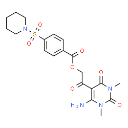 ChemSpider 2D Image | 2-(6-Amino-1,3-dimethyl-2,4-dioxo-1,2,3,4-tetrahydro-5-pyrimidinyl)-2-oxoethyl 4-(1-piperidinylsulfonyl)benzoate | C20H24N4O7S
