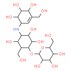 ChemSpider 2D Image | 2-(hydroxymethyl)-6-[2,3,5-trihydroxy-6-(hydroxymethyl)-4-[[4,5,6-trihydroxy-3-(hydroxymethyl)-1-cyclohex-2-enyl]amino]cyclohexoxy]tetrahydropyran-3,4,5-triol | C20H35NO14