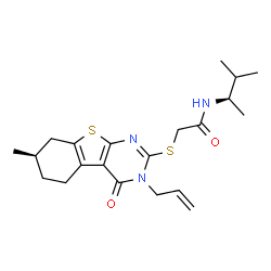 ChemSpider 2D Image | 2-{[(7R)-3-Allyl-7-methyl-4-oxo-3,4,5,6,7,8-hexahydro[1]benzothieno[2,3-d]pyrimidin-2-yl]sulfanyl}-N-[(2R)-3-methyl-2-butanyl]acetamide | C21H29N3O2S2
