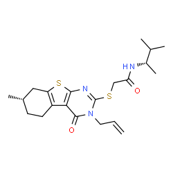 ChemSpider 2D Image | 2-{[(7S)-3-Allyl-7-methyl-4-oxo-3,4,5,6,7,8-hexahydro[1]benzothieno[2,3-d]pyrimidin-2-yl]sulfanyl}-N-[(2S)-3-methyl-2-butanyl]acetamide | C21H29N3O2S2