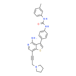 ChemSpider 2D Image | 1-(4-{4-Amino-7-[3-(1-pyrrolidinyl)-1-propyn-1-yl]thieno[3,2-c]pyridin-3-yl}phenyl)-3-(3-methylphenyl)urea | C28H27N5OS