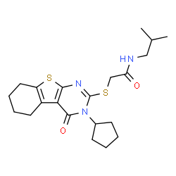 ChemSpider 2D Image | 2-[(3-Cyclopentyl-4-oxo-3,4,5,6,7,8-hexahydro[1]benzothieno[2,3-d]pyrimidin-2-yl)sulfanyl]-N-isobutylacetamide | C21H29N3O2S2