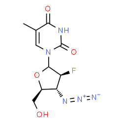 ChemSpider 2D Image | 1-(3-Azido-2,3-dideoxy-2-fluoro-D-arabinofuranosyl)-5-methyl-2,4(1H,3H)-pyrimidinedione | C10H12FN5O4