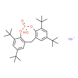 ChemSpider 2D Image | 2,4,8,10-Tetra(tert-butyl)-6-hydroxy-12H-dibenzo(d,g)(1,3,2)dioxaphosphocin 6-oxide, sodium salt | C29H43NaO4P
