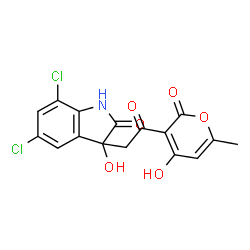 ChemSpider 2D Image | 5,7-Dichloro-3-hydroxy-3-[2-(4-hydroxy-6-methyl-2-oxo-2H-pyran-3-yl)-2-oxoethyl]-1,3-dihydro-2H-indol-2-one | C16H11Cl2NO6