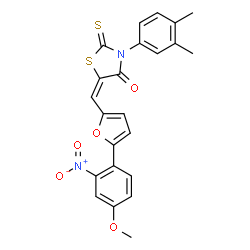 ChemSpider 2D Image | (5E)-3-(3,4-Dimethylphenyl)-5-{[5-(4-methoxy-2-nitrophenyl)-2-furyl]methylene}-2-thioxo-1,3-thiazolidin-4-one | C23H18N2O5S2
