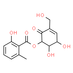 ChemSpider 2D Image | 5,6-Dihydroxy-3-(hydroxymethyl)-2-oxo-3-cyclohexen-1-yl 2-hydroxy-6-methylbenzoate | C15H16O7