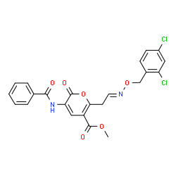 ChemSpider 2D Image | Methyl 3-(benzoylamino)-6-[(2E)-2-{[(2,4-dichlorobenzyl)oxy]imino}ethyl]-2-oxo-2H-pyran-5-carboxylate | C23H18Cl2N2O6