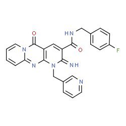 ChemSpider 2D Image | 2-Imino-10-oxo-1-pyridin-3-ylmethyl-1,10-dihydro-2H-1,9,10a-triaza-anthracene-3-carboxylic acid  4-fluoro-benzylamide | C25H19FN6O2