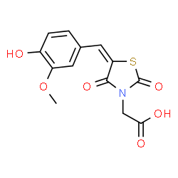 ChemSpider 2D Image | [(5E)-5-(4-Hydroxy-3-methoxybenzylidene)-2,4-dioxo-1,3-thiazolidin-3-yl]acetic acid | C13H11NO6S