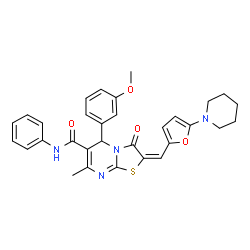 ChemSpider 2D Image | (2E)-5-(3-Methoxyphenyl)-7-methyl-3-oxo-N-phenyl-2-{[5-(1-piperidinyl)-2-furyl]methylene}-2,3-dihydro-5H-[1,3]thiazolo[3,2-a]pyrimidine-6-carboxamide | C31H30N4O4S