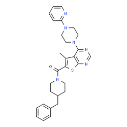 ChemSpider 2D Image | (4-Benzyl-1-piperidinyl){5-methyl-4-[4-(2-pyridinyl)-1-piperazinyl]thieno[2,3-d]pyrimidin-6-yl}methanone | C29H32N6OS