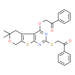ChemSpider 2D Image | 2-{[6,6-Dimethyl-4-(2-oxo-2-phenylethoxy)-5,8-dihydro-6H-pyrano[4',3':4,5]thieno[2,3-d]pyrimidin-2-yl]sulfanyl}-1-phenylethanone | C27H24N2O4S2