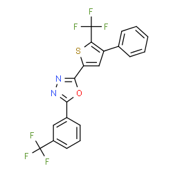 ChemSpider 2D Image | 2-[4-Phenyl-5-(trifluoromethyl)-2-thienyl]-5-[3-(trifluoromethyl)phenyl]-1,3,4-oxadiazole | C20H10F6N2OS