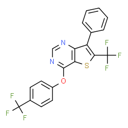 ChemSpider 2D Image | 7-Phenyl-6-(trifluoromethyl)-4-[4-(trifluoromethyl)phenoxy]thieno[3,2-d]pyrimidine | C20H10F6N2OS