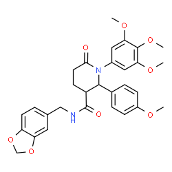 ChemSpider 2D Image | N-(1,3-Benzodioxol-5-ylmethyl)-2-(4-methoxyphenyl)-6-oxo-1-(3,4,5-trimethoxyphenyl)-3-piperidinecarboxamide | C30H32N2O8