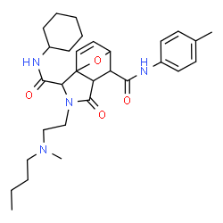 ChemSpider 2D Image | 3-{2-[Butyl(methyl)amino]ethyl}-N~2~-cyclohexyl-N~6~-(4-methylphenyl)-4-oxo-10-oxa-3-azatricyclo[5.2.1.0~1,5~]dec-8-ene-2,6-dicarboxamide | C30H42N4O4