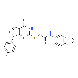 ChemSpider 2D Image | N-(1,3-Benzodioxol-5-yl)-2-{[1-(4-fluorophenyl)-4-oxo-4,5-dihydro-1H-pyrazolo[3,4-d]pyrimidin-6-yl]sulfanyl}acetamide | C20H14FN5O4S