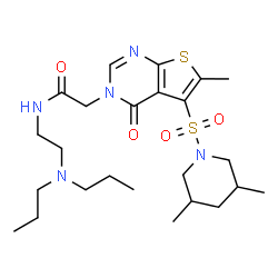 ChemSpider 2D Image | 2-{5-[(3,5-Dimethyl-1-piperidinyl)sulfonyl]-6-methyl-4-oxothieno[2,3-d]pyrimidin-3(4H)-yl}-N-[2-(dipropylamino)ethyl]acetamide | C24H39N5O4S2