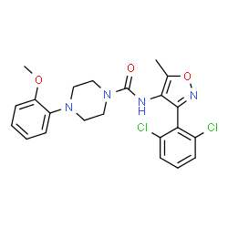 ChemSpider 2D Image | N-[3-(2,6-Dichlorophenyl)-5-methyl-1,2-oxazol-4-yl]-4-(2-methoxyphenyl)-1-piperazinecarboxamide | C22H22Cl2N4O3