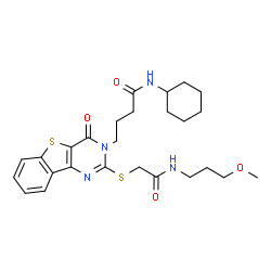 ChemSpider 2D Image | N-Cyclohexyl-4-[2-({2-[(3-methoxypropyl)amino]-2-oxoethyl}sulfanyl)-4-oxo[1]benzothieno[3,2-d]pyrimidin-3(4H)-yl]butanamide | C26H34N4O4S2