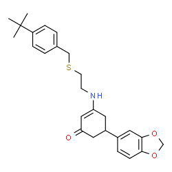 ChemSpider 2D Image | 5-(1,3-benzodioxol-5-yl)-3-[(2-{[4-(tert-butyl)benzyl]thio}ethyl)amino]cyclohex-2-en-1-one | C26H31NO3S