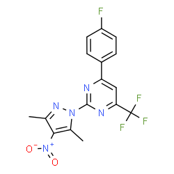 ChemSpider 2D Image | 2-(3,5-Dimethyl-4-nitro-1H-pyrazol-1-yl)-4-(4-fluorophenyl)-6-(trifluoromethyl)pyrimidine | C16H11F4N5O2