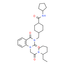 ChemSpider 2D Image | N-Cyclopentyl-4-({1-[2-(2-ethyl-1-piperidinyl)-2-oxoethyl]-2,4-dioxo-1,4-dihydro-3(2H)-quinazolinyl}methyl)cyclohexanecarboxamide | C30H42N4O4