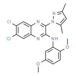 ChemSpider 2D Image | 6,7-Dichloro-N-(2,5-dimethoxyphenyl)-3-(3,5-dimethyl-1H-pyrazol-1-yl)-2-quinoxalinamine | C21H19Cl2N5O2