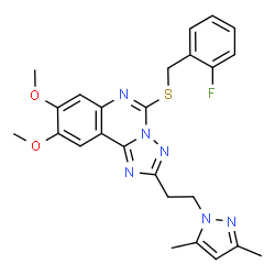 ChemSpider 2D Image | 2-[2-(3,5-Dimethyl-1H-pyrazol-1-yl)ethyl]-5-[(2-fluorobenzyl)sulfanyl]-8,9-dimethoxy[1,2,4]triazolo[1,5-c]quinazoline | C25H25FN6O2S