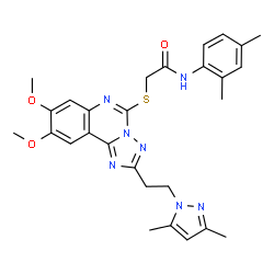 ChemSpider 2D Image | N-(2,4-Dimethylphenyl)-2-({2-[2-(3,5-dimethyl-1H-pyrazol-1-yl)ethyl]-8,9-dimethoxy[1,2,4]triazolo[1,5-c]quinazolin-5-yl}sulfanyl)acetamide | C28H31N7O3S