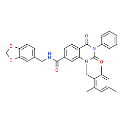 ChemSpider 2D Image | N-(1,3-Benzodioxol-5-ylmethyl)-1-(mesitylmethyl)-2,4-dioxo-3-phenyl-1,2,3,4-tetrahydro-7-quinazolinecarboxamide | C33H29N3O5