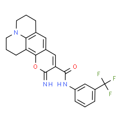 ChemSpider 2D Image | 11-Imino-N-[3-(trifluoromethyl)phenyl]-2,3,6,7-tetrahydro-1H,5H,11H-pyrano[2,3-f]pyrido[3,2,1-ij]quinoline-10-carboxamide | C23H20F3N3O2