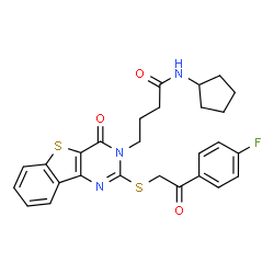 ChemSpider 2D Image | N-Cyclopentyl-4-[2-{[2-(4-fluorophenyl)-2-oxoethyl]sulfanyl}-4-oxo[1]benzothieno[3,2-d]pyrimidin-3(4H)-yl]butanamide | C27H26FN3O3S2