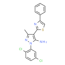 ChemSpider 2D Image | 1-(2,5-Dichlorophenyl)-3-methyl-4-(4-phenyl-1,3-thiazol-2-yl)-1H-pyrazol-5-amine | C19H14Cl2N4S