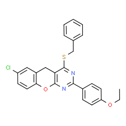 ChemSpider 2D Image | 4-(Benzylsulfanyl)-7-chloro-2-(4-ethoxyphenyl)-5H-chromeno[2,3-d]pyrimidine | C26H21ClN2O2S