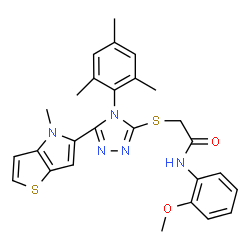 ChemSpider 2D Image | 2-{[4-Mesityl-5-(4-methyl-4H-thieno[3,2-b]pyrrol-5-yl)-4H-1,2,4-triazol-3-yl]sulfanyl}-N-(2-methoxyphenyl)acetamide | C27H27N5O2S2