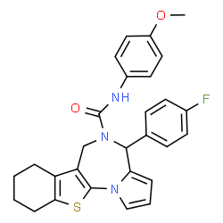 ChemSpider 2D Image | 4-(4-Fluorophenyl)-N-(4-methoxyphenyl)-7,8,9,10-tetrahydro-4H-[1]benzothieno[3,2-f]pyrrolo[1,2-a][1,4]diazepine-5(6H)-carboxamide | C28H26FN3O2S