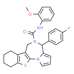 ChemSpider 2D Image | 4-(4-Fluorophenyl)-N-(2-methoxyphenyl)-7,8,9,10-tetrahydro-4H-[1]benzothieno[3,2-f]pyrrolo[1,2-a][1,4]diazepine-5(6H)-carboxamide | C28H26FN3O2S