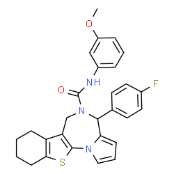 ChemSpider 2D Image | 4-(4-Fluorophenyl)-N-(3-methoxyphenyl)-7,8,9,10-tetrahydro-4H-[1]benzothieno[3,2-f]pyrrolo[1,2-a][1,4]diazepine-5(6H)-carboxamide | C28H26FN3O2S