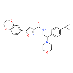 ChemSpider 2D Image | 5-(2,3-Dihydro-1,4-benzodioxin-6-yl)-N-{2-[4-(2-methyl-2-propanyl)phenyl]-2-(4-morpholinyl)ethyl}-1,2-oxazole-3-carboxamide | C28H33N3O5