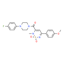 ChemSpider 2D Image | [4-(4-Fluorophenyl)-1-piperazinyl][5-(4-methoxyphenyl)-2-methyl-1,1-dioxido-2H-1,2,6-thiadiazin-3-yl]methanone | C22H23FN4O4S