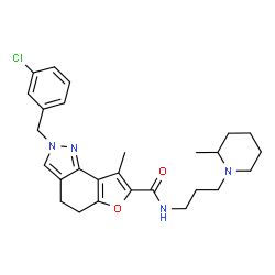 ChemSpider 2D Image | 2-(3-Chlorobenzyl)-8-methyl-N-[3-(2-methyl-1-piperidinyl)propyl]-4,5-dihydro-2H-furo[2,3-g]indazole-7-carboxamide | C27H33ClN4O2