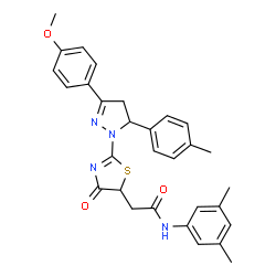 ChemSpider 2D Image | N-(3,5-Dimethylphenyl)-2-{2-[3-(4-methoxyphenyl)-5-(4-methylphenyl)-4,5-dihydro-1H-pyrazol-1-yl]-4-oxo-4,5-dihydro-1,3-thiazol-5-yl}acetamide | C30H30N4O3S