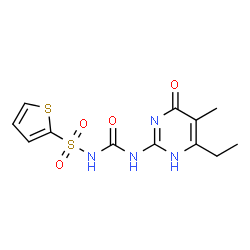 ChemSpider 2D Image | N-[(6-Ethyl-5-methyl-4-oxo-1,4-dihydro-2-pyrimidinyl)carbamoyl]-2-thiophenesulfonamide | C12H14N4O4S2